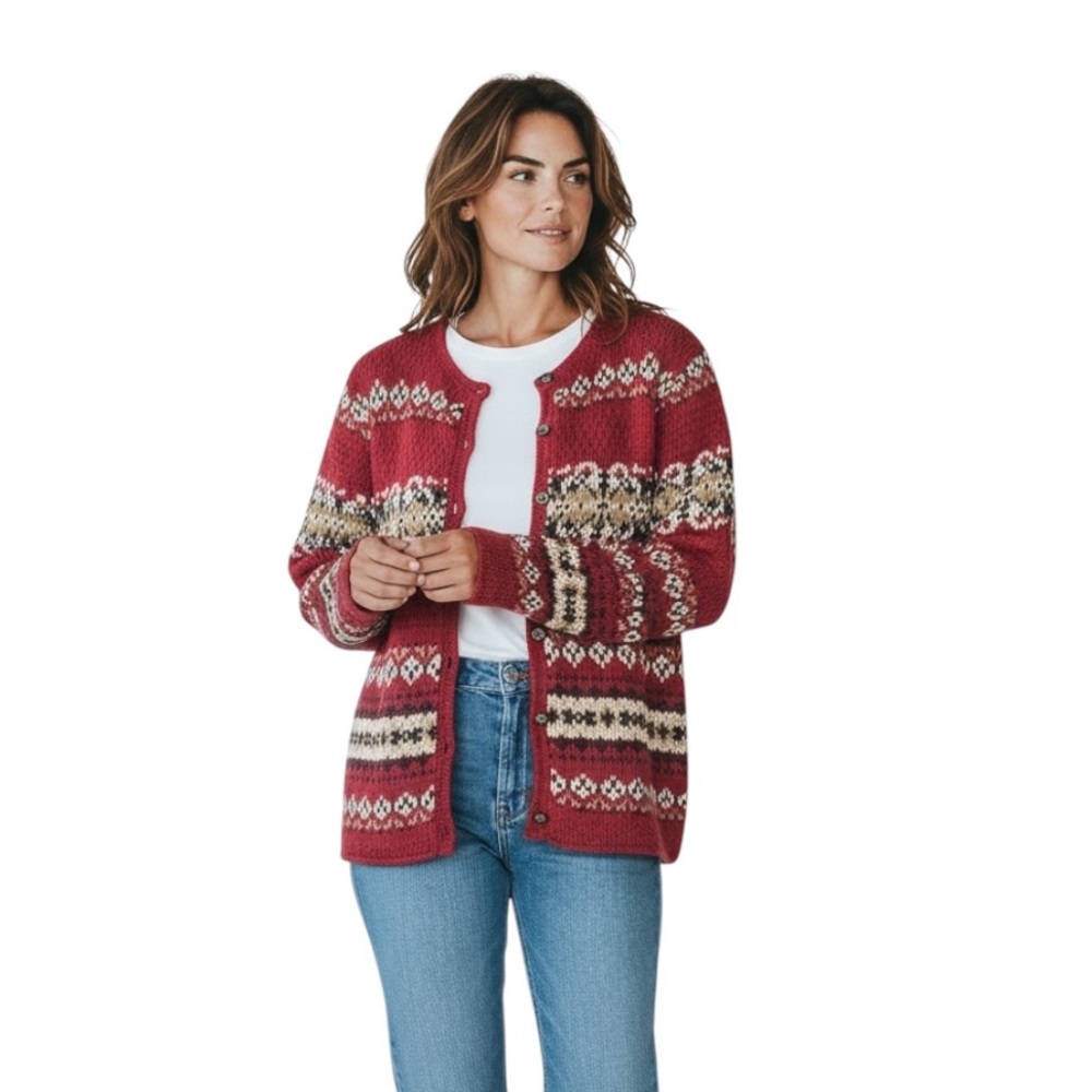 Eddie Bauer Fair Isle Nordic Lambswool Button Front Cabincore Cardigan